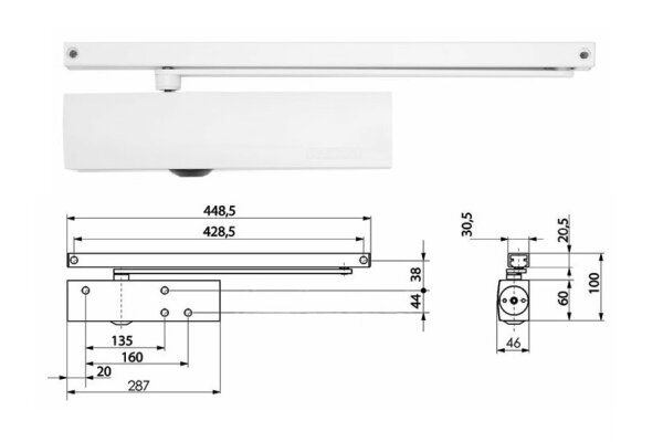 Samozamykacz drzwiowy TS5000 z szyną ślizgową GEZE Biały