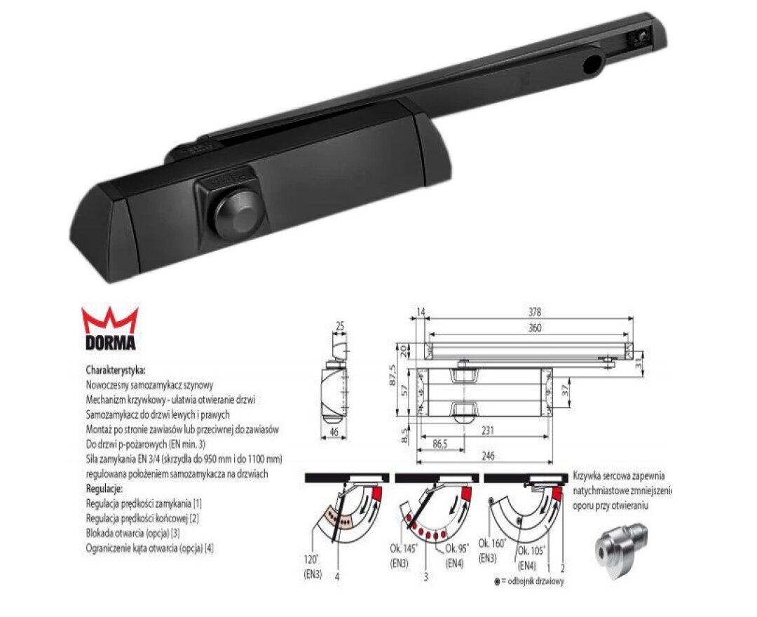 Samozamykacz dormakaba TS 90 IMPULSE EN 3/4 z szyna ślizgową- fot-