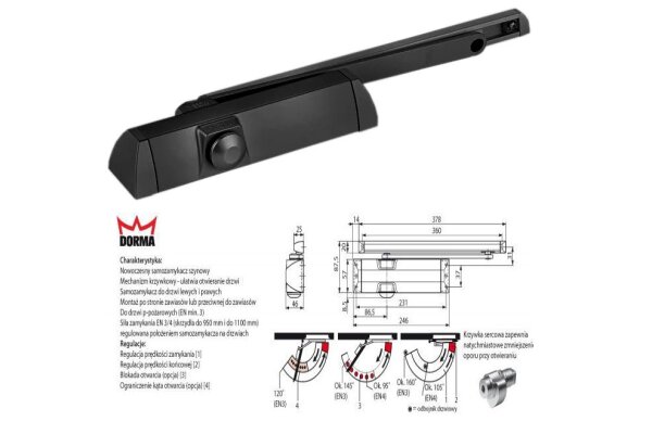 Samozamykacz dormakaba TS 90 IMPULSE EN 3/4 z szyna ślizgową DormaKaba Czarny