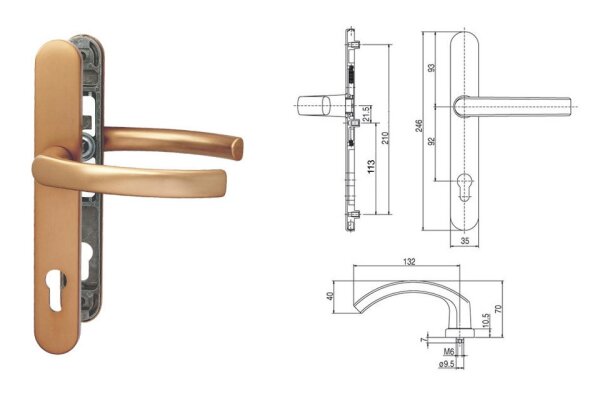 Klamka drzwiowa 35A/2200 na szyldzie PZ92 mm FKS Złoto stare