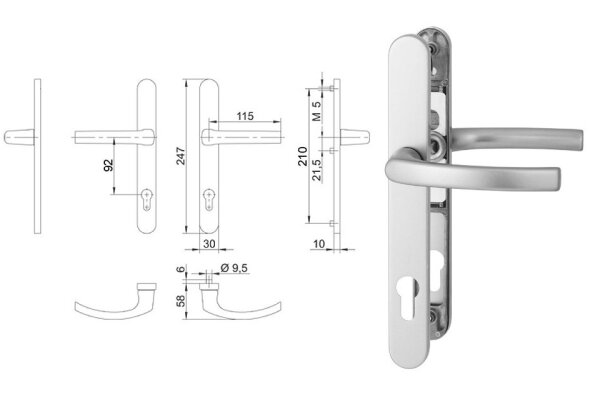 Klamka drzwiowa 30A/1006 na szyldzie PZ  FKS Srebrny