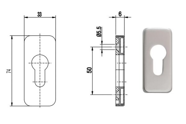 Rozeta drzwiowa PZ prostokątna 6 mm  FKS Srebrny
