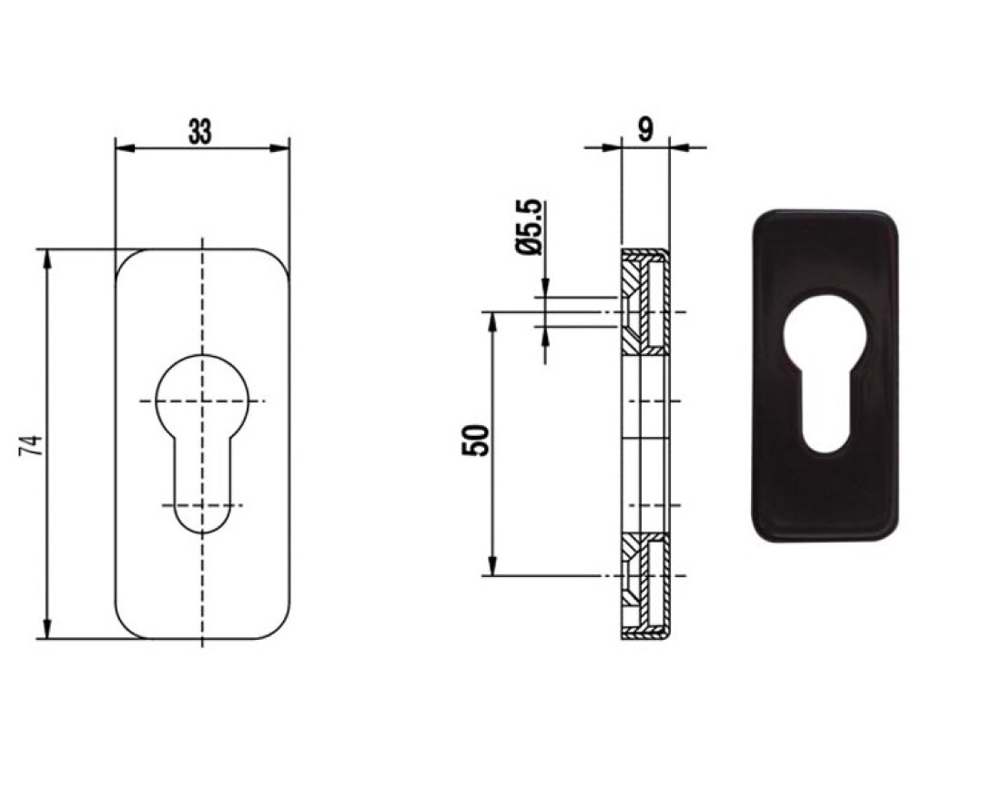 Rozeta drzwiowa PZ prostokątna 9 mm- fot-