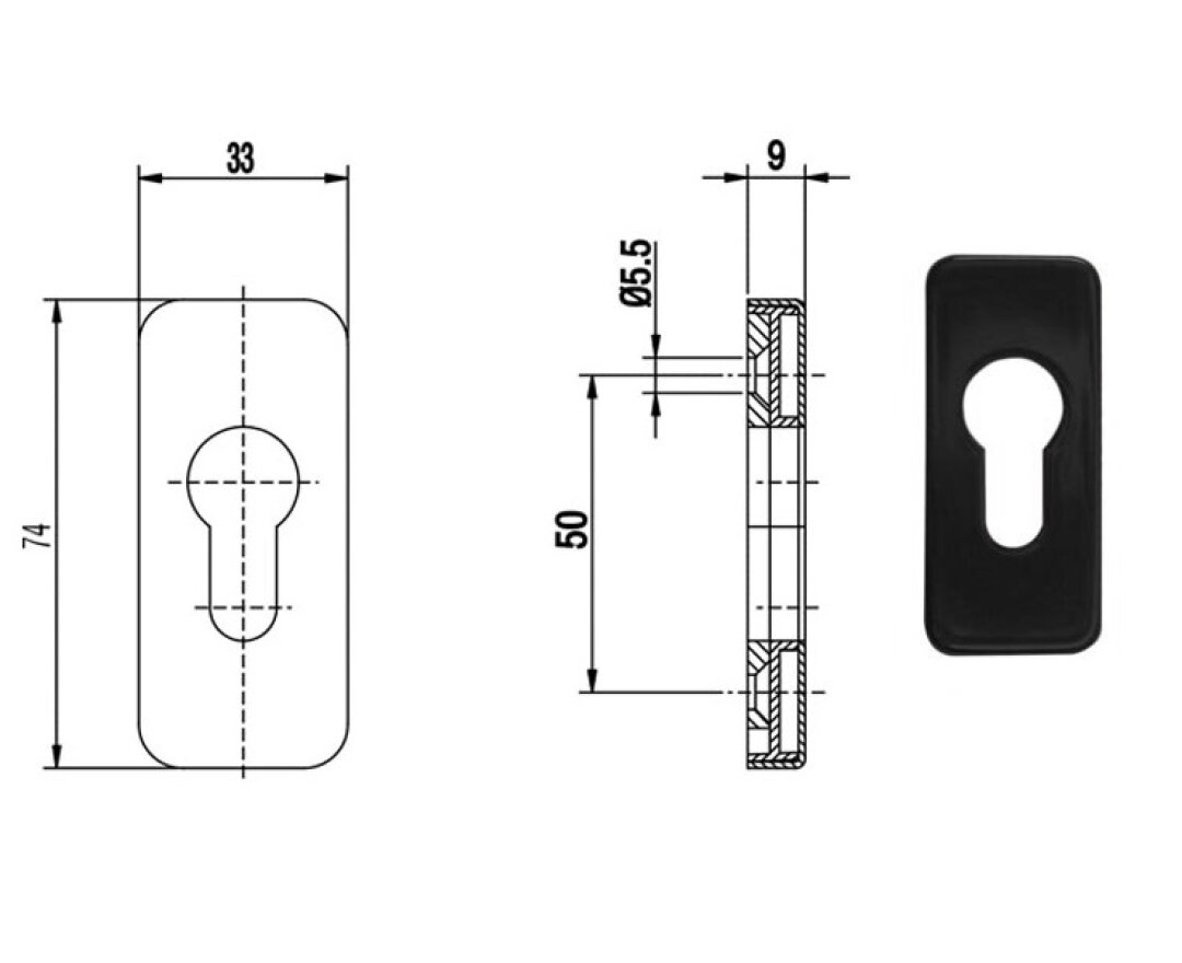 Rozeta drzwiowa PZ prostokątna 9 mm- fot-