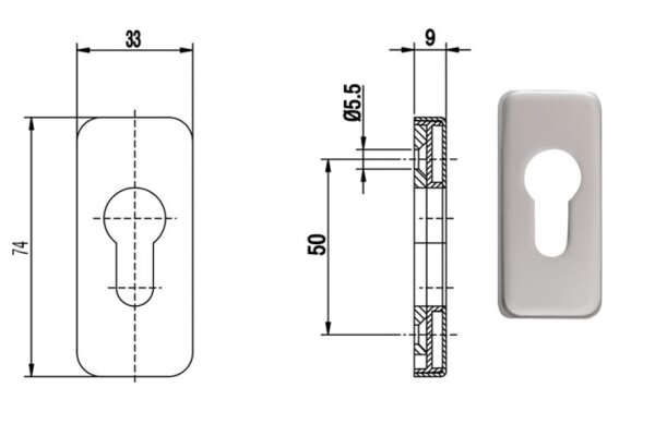 Rozeta drzwiowa PZ prostokątna 9 mm FKS Srebrny