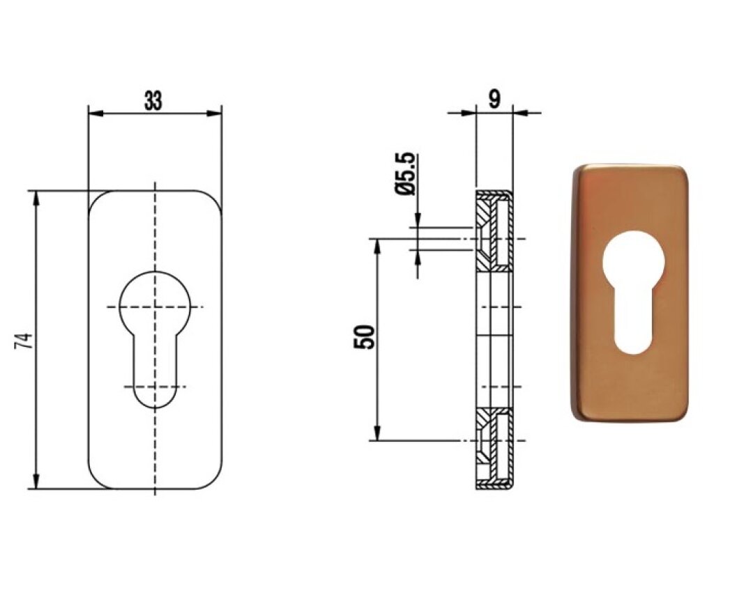 Rozeta drzwiowa PZ prostokątna 9 mm- fot-