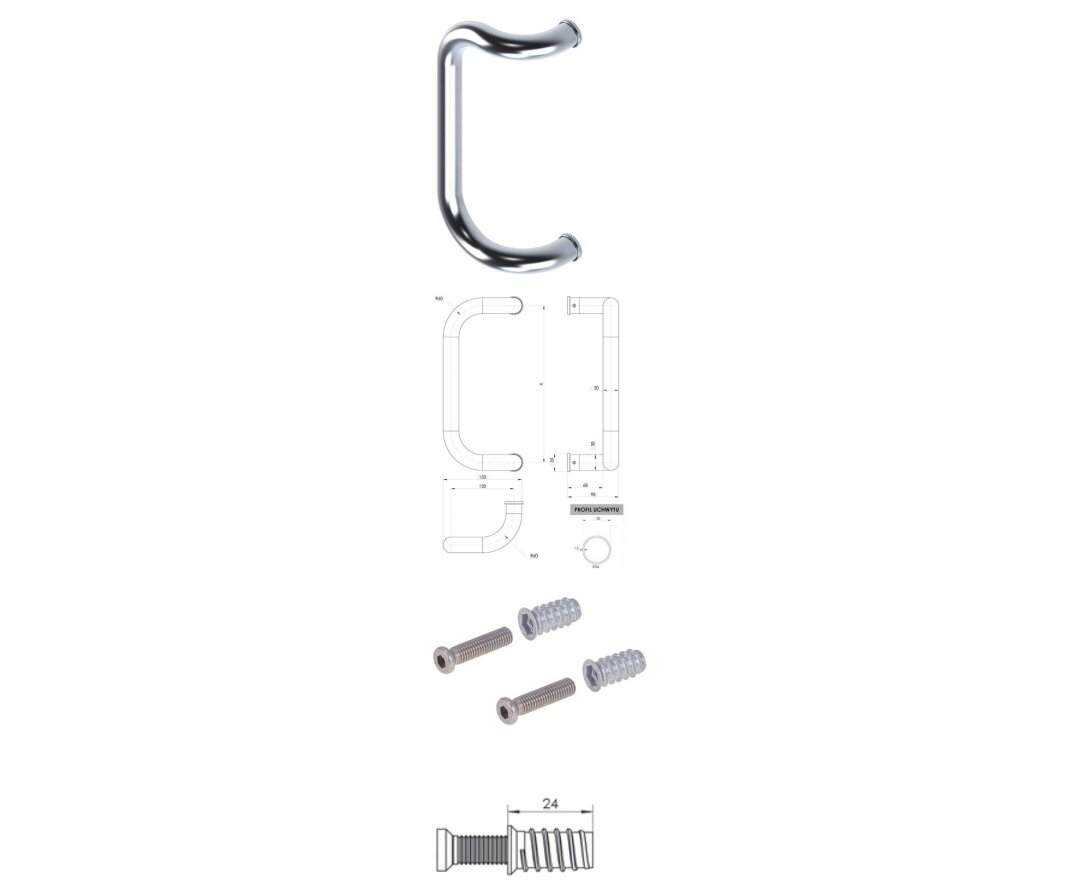 Pochwyt jednostronny M2 fi 30 mm, x = 300 mm + Mocowanie jednostronne MUFA do drewna- fot-