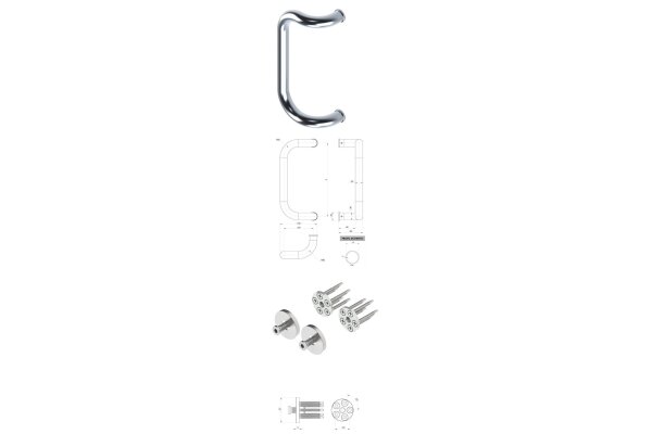 Pochwyt jednostronny M2 fi 30 mm, x = 300 mm + Mocowanie pochwytu za pomocą blaszki do profili PCV WALA Stal nierdzewna szlifowana