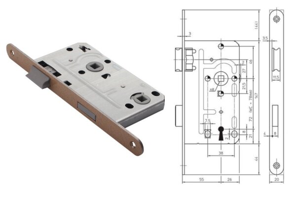 Zamek do drzwi wewnętrznych 104-1/2 20/55/78/8 WC Siegenia Aubi Limba
