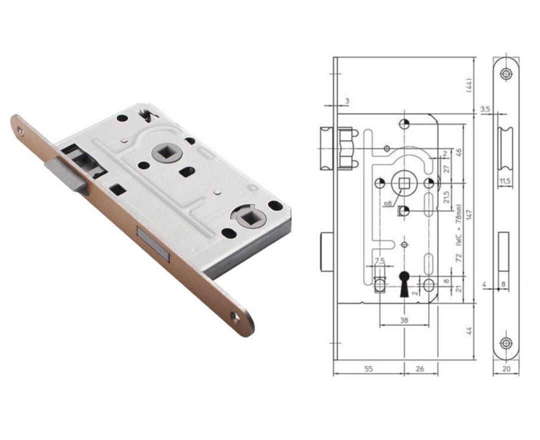 Zamek do drzwi wewnętrznych 104-1/2 20/55/78/8 WC- fot-