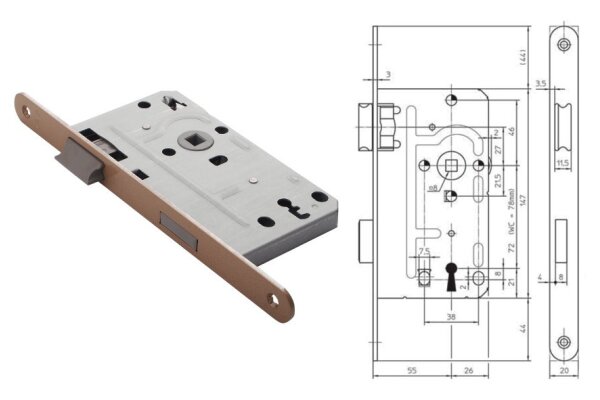Zamek do drzwi wewnętrznych 104-1/2 20/55/72/8 BB Siegenia Aubi Limba