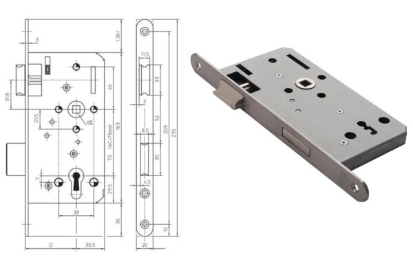 Zamek do drzwi wewnętrznych i zewnętrznych BB 115-1/2 20/55/72/8 Siegenia Aubi Stal szlachetna
