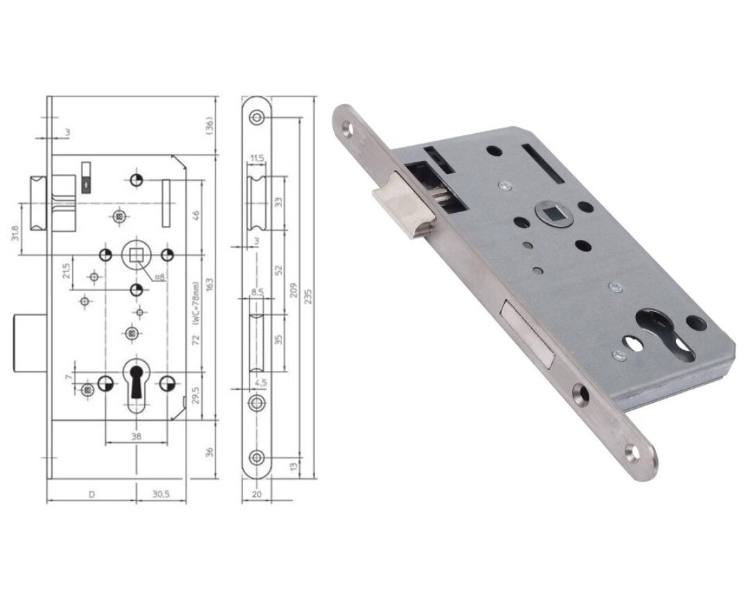 Zamek do drzwi wewnętrznych i zewnętrznych PZ 115-1/2 18/55/72/8- fot-
