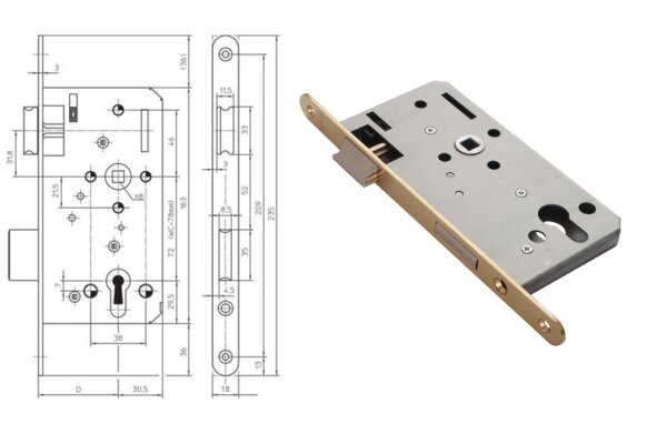 Zamek do drzwi wewnętrznych i zewnętrznych PZ 115-1/2 18/55/72/8 Siegenia Aubi Mosiądz