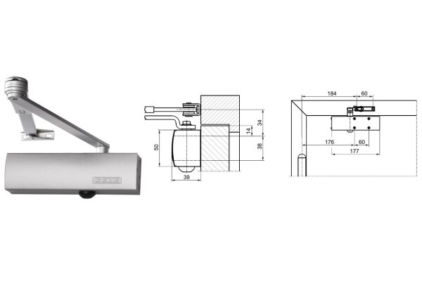 Samozamykacz drzwiowy TS1500 z ramieniem z funkcją STOP GEZE Srebrny