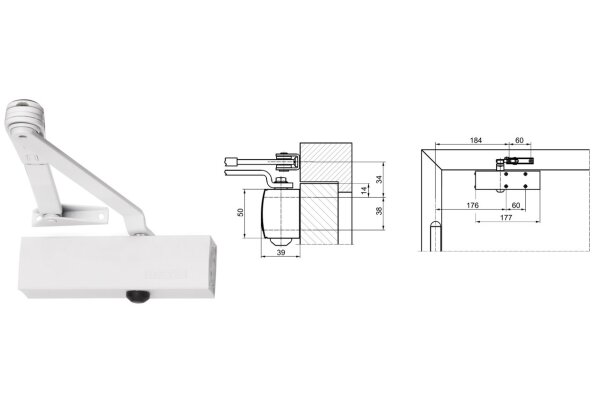 Samozamykacz drzwiowy TS1500 z ramieniem z funkcją STOP GEZE Biały