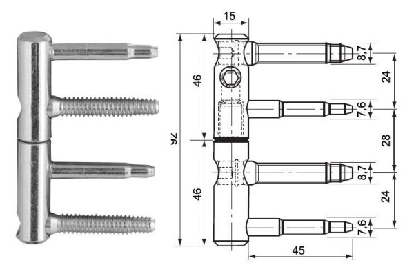 Zawias do drzwi dwuczęściowy @15mm SFS Ocynk srebrny