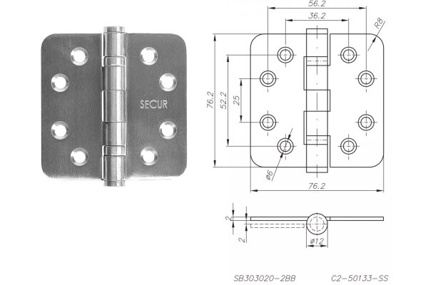 ZAWIAS SPLATANY ZAOKRĄGLONY 76x76mm 3 szt. NOVET Stal nierdzewna