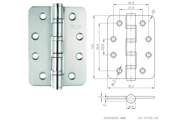 ZAWIAS SPLATANY ZAOKRĄGLONY 102x76mm 3 szt. NOVET Stal nierdzewna