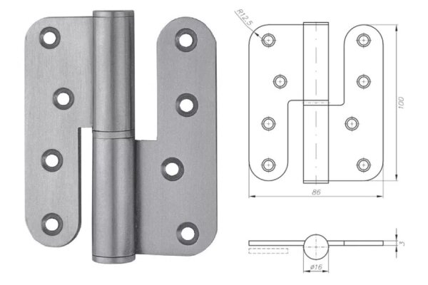 ZAWIAS ROZŁĄCZNY ZAOKRAGLONY 100x86mm LEWY 3 szt. NOVET Stal nierdzewna