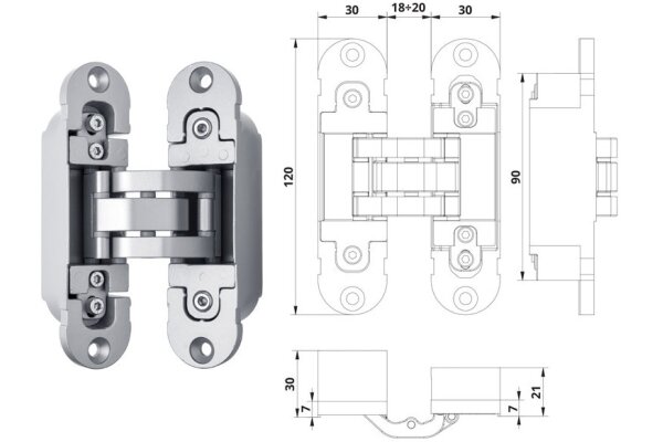 Zawias do drzwi INVISACTA 300 3D bez nakładek OTLAV Chrom matowy