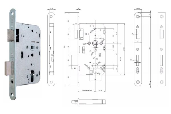 ZAMEK DINFIR3 PPOŻ., 72WB, E=65mm, 235x24x3 mm, KWADRAT 9mm, PRAWY UE Biały
