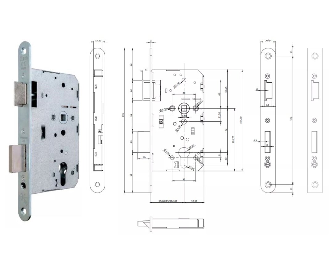 ZAMEK DINFIR3 PPOŻ., 72WB, E=65mm, 235x24x3 mm, KWADRAT 9mm, LEWY- fot-