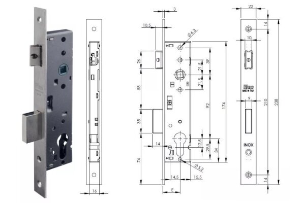 ZAMEK 92WB, E=25mm, 238x22x3mm ISEO Stal nierdzewna
