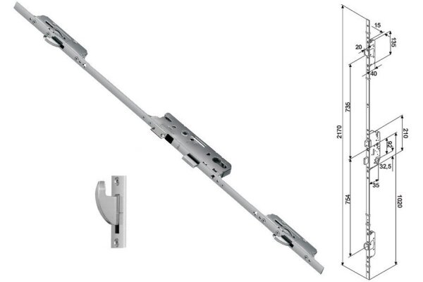 Zasuwnica drzwiowa 855GL 16/35/92/8 sterowana wkładką – haki Fuhr Ocynk srebrny