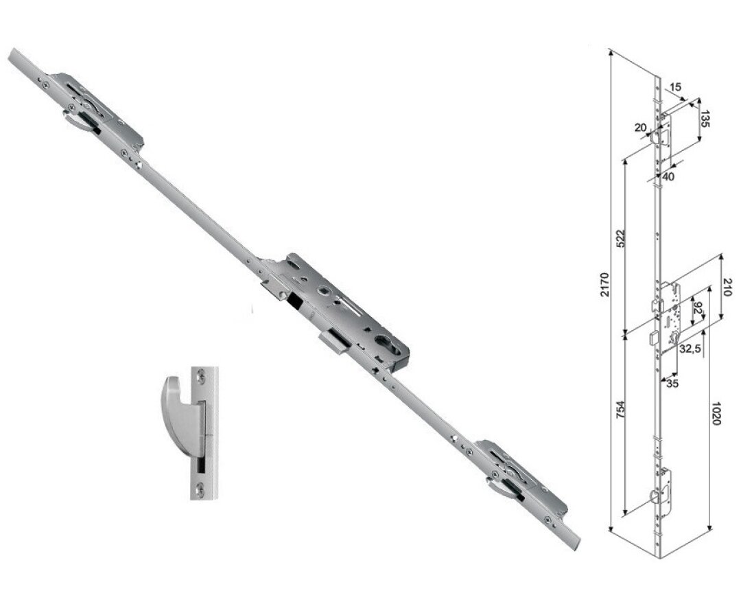 Zasuwnica drzwiowa 855GL 16/35/92/8 sterowana wkładką do niskich drzwi – haki- fot-