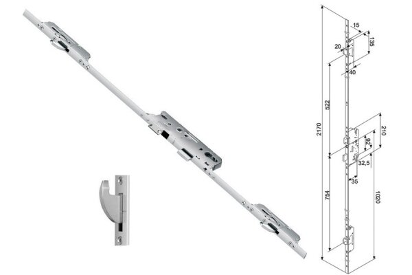 Zasuwnica drzwiowa 855GL 16/45/92/8 sterowana wkładką do niskich drzwi – haki Fuhr Ocynk srebrny