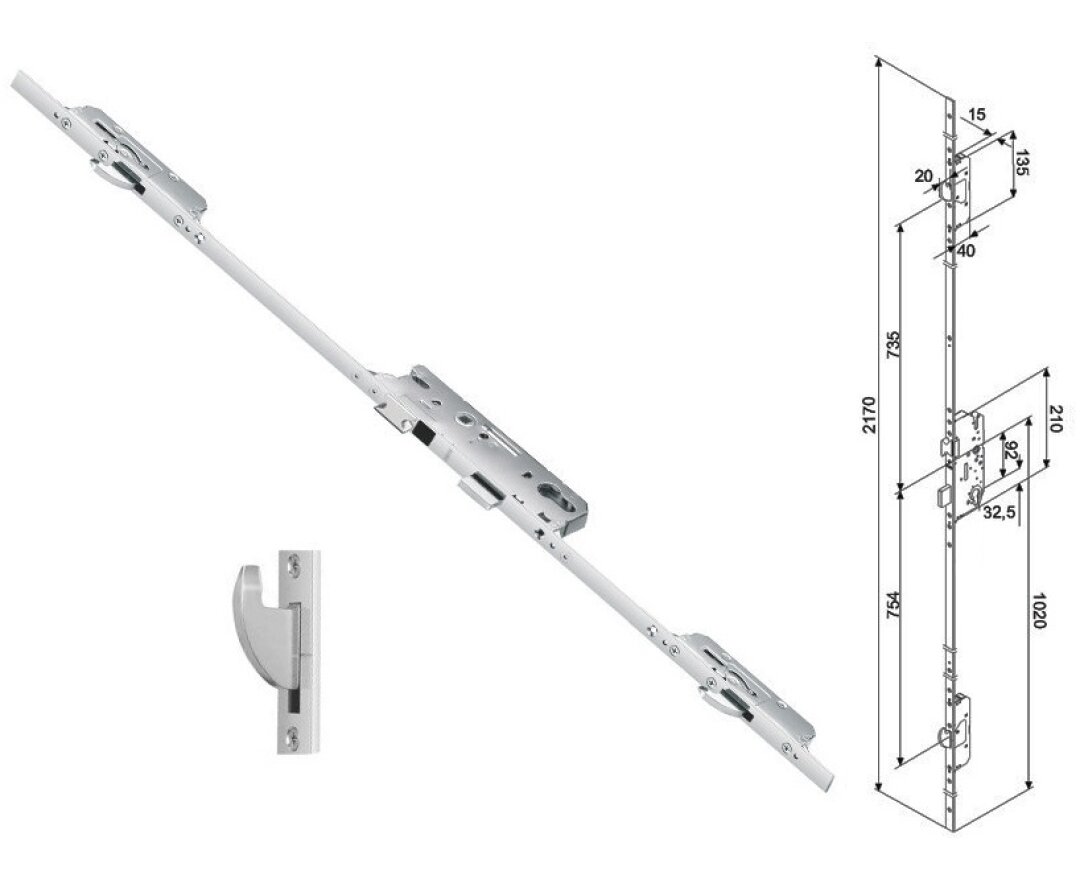 Zasuwnica drzwiowa 855GL 20/55/92/8 sterowana wkładką – haki- fot-