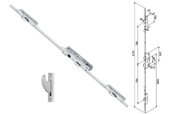 Zasuwnica drzwiowa 855GL 20/55/92/8 sterowana wkładką – haki Fuhr Ocynk srebrny