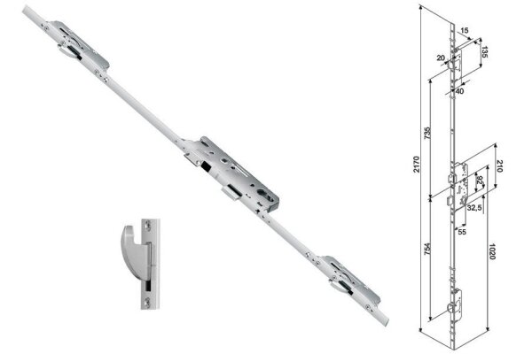 Zasuwnica drzwiowa 855GL 16/55/92/8 sterowana wkładką – haki Fuhr Ocynk srebrny
