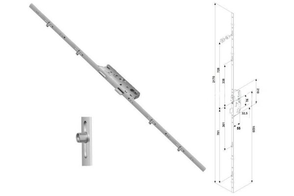 Zasuwnica drzwiowa 855GL 16/55/92/8 sterowana wkładką – ślizgi Fuhr Ocynk srebrny