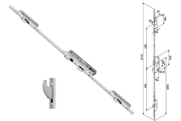 Zasuwnica drzwiowa 855GL 16/65/92/8 sterowana wkładką – haki Fuhr Ocynk srebrny