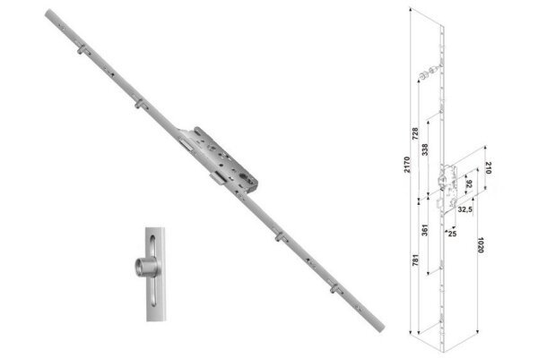Zasuwnica drzwiowa 856 16/25/92/8 sterowana klamką – ślizgi Fuhr Ocynk srebrny