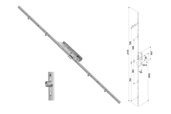Zasuwnica drzwiowa 856 16/55/92/8 sterowana klamką – ślizgi Fuhr Ocynk srebrny