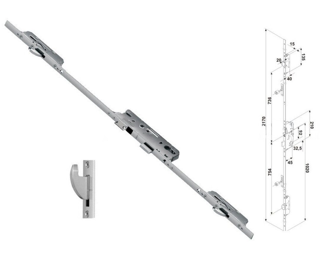 Zasuwnica drzwiowa 859 16/45/92/8 sterowana klamką – haki- fot-