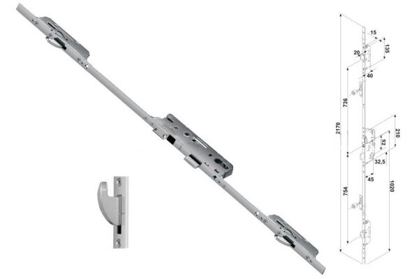 Zasuwnica drzwiowa 859 16/45/92/8 sterowana klamką – haki Fuhr Ocynk srebrny