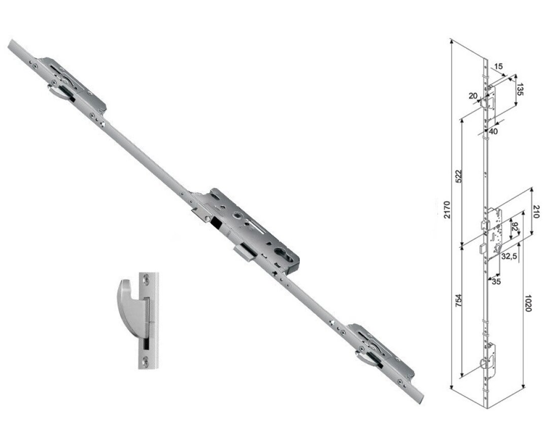 Zasuwnica drzwiowa 859 16/45/92/8 sterowana klamką do wysokich drzwi – haki- fot-
