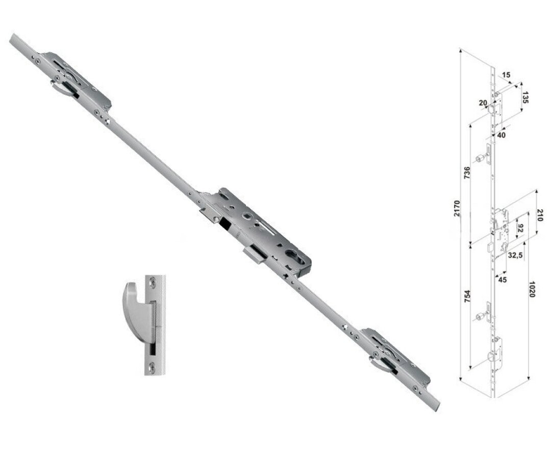 Zasuwnica drzwiowa 859 20/45/92/8 sterowana klamką – haki- fot-