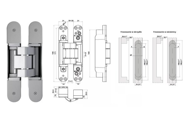 ZAWIAS WPUSZCZANY INVISACTA 310 3-D 120 KG (4 NASADKI) OTLAV Chrom matowy