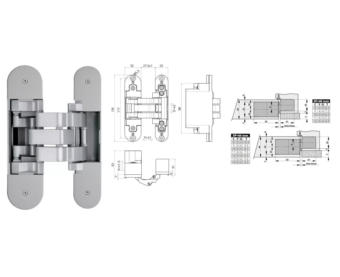 ZAWIAS WPUSZCZANY INVISACTA 570 3-D 60 KG (4 NASADKI PRZYKRĘCANE)- fot-