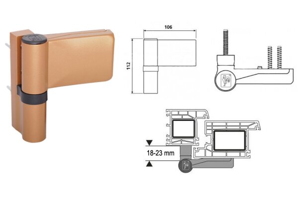 Zawias do drzwi PVC KTV 18-23 6R Dr.Hahn Złoty