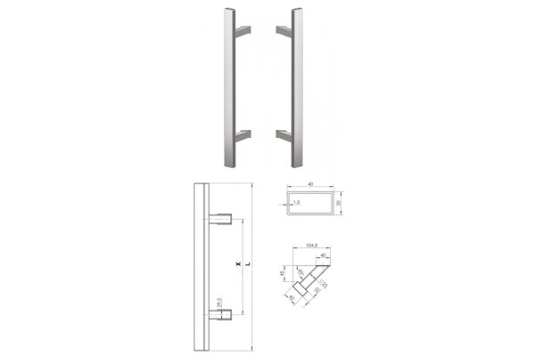 Pochwyt obustronny Q45RX/Q10 gat. 304, 40x20 mm, 380/580 mm WALA Stal nierdzewna szlifowana