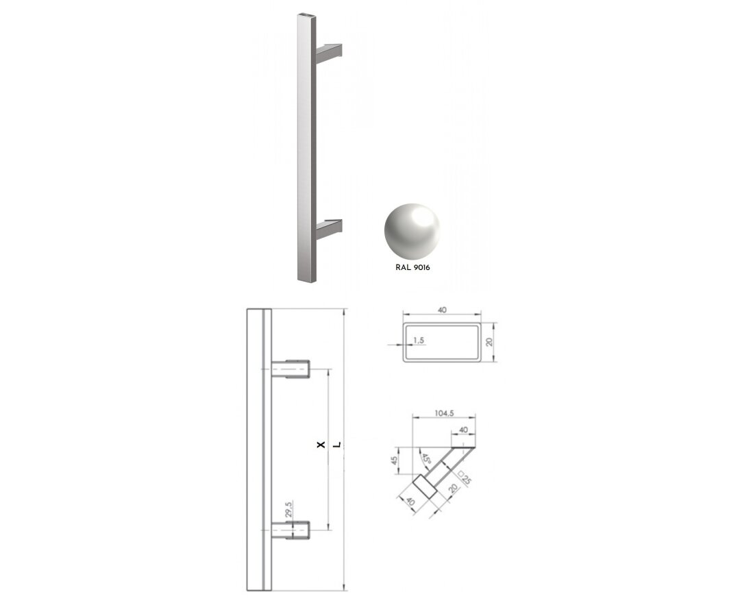 Pochwyt obustronny Q45RX/Q10 aluminiowy lakier, 40x20 mm, 380/580 mm- fot-