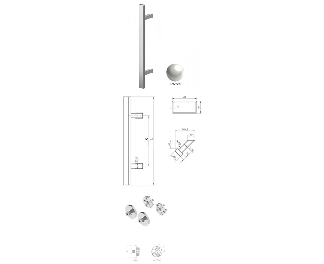 Pochwyt jednostronny Q45RX/Q10 aluminiowy, 40x20 mm, 1300/1800 mm + Mocowanie pochwytu za pomocą blaszki do profili ALU- fot-
