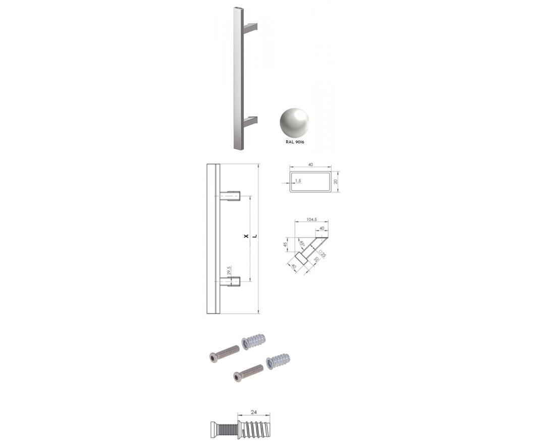 Pochwyt jednostronny Q45RX/Q10 aluminiowy, 40x20 mm, 380/580 mm + Mocowanie jednostronne MUFA do drewna- fot-