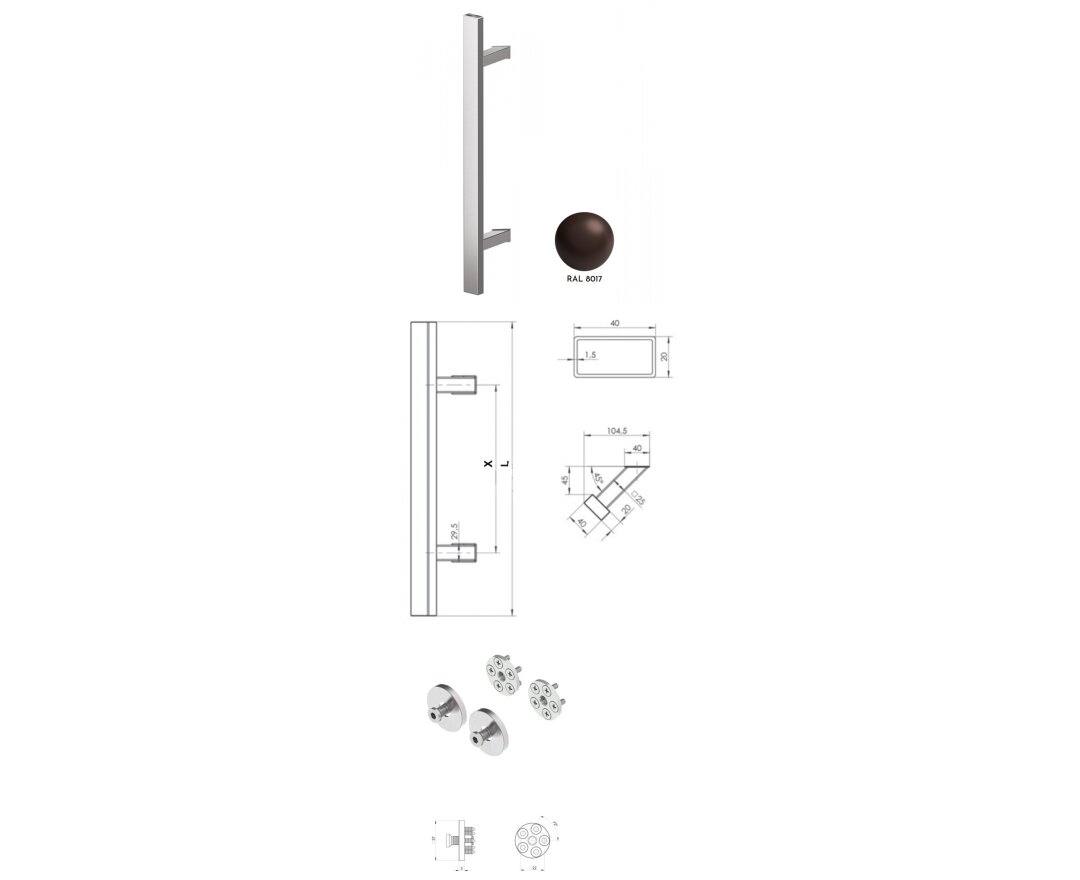 Pochwyt jednostronny Q45RX/Q10 aluminiowy, 40x20 mm, 1300/1800 mm + Mocowanie pochwytu za pomocą blaszki do profili ALU- fot-